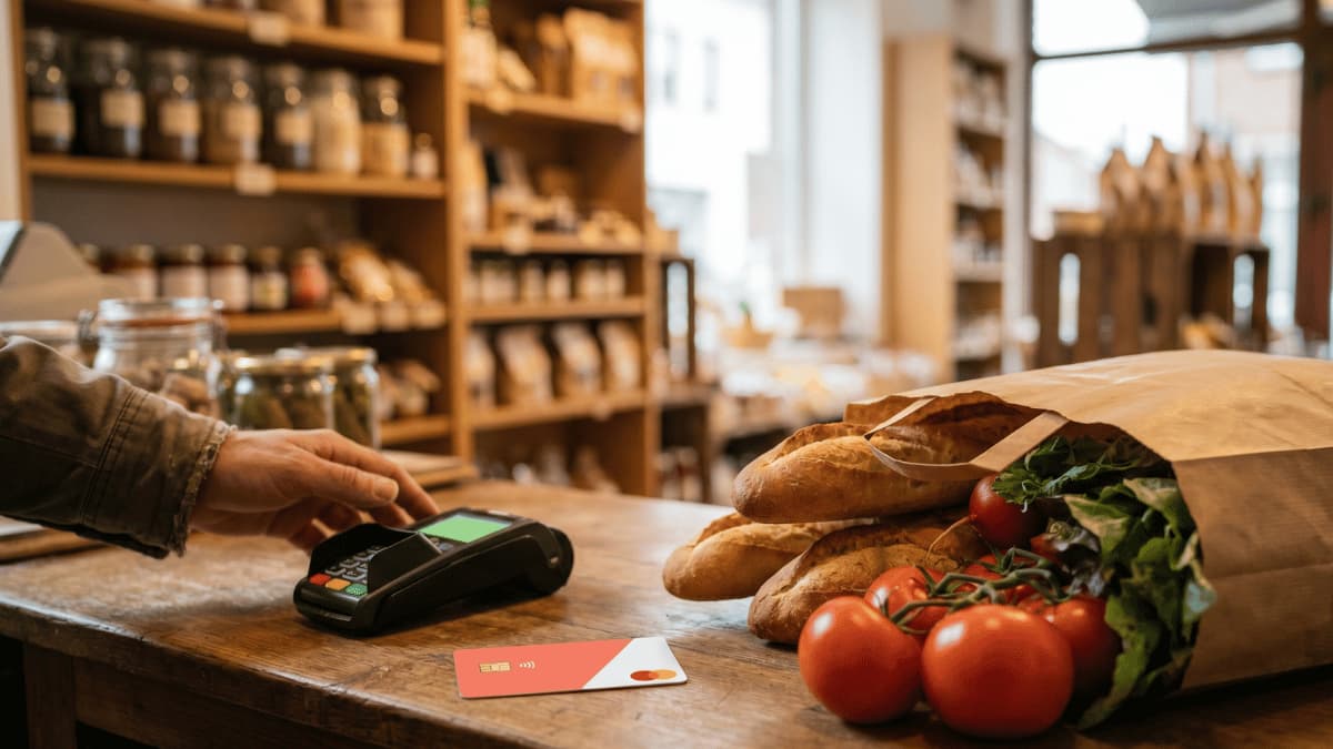 Een hand bedient een betaalterminal op een houten toonbank naast een koraalrode maaltijdchequekaart en een papieren zak met stokbroden, tomaten en sla in een warme buurtwinkel met houten schappen vol potten en verpakkingen op de achtergrond.