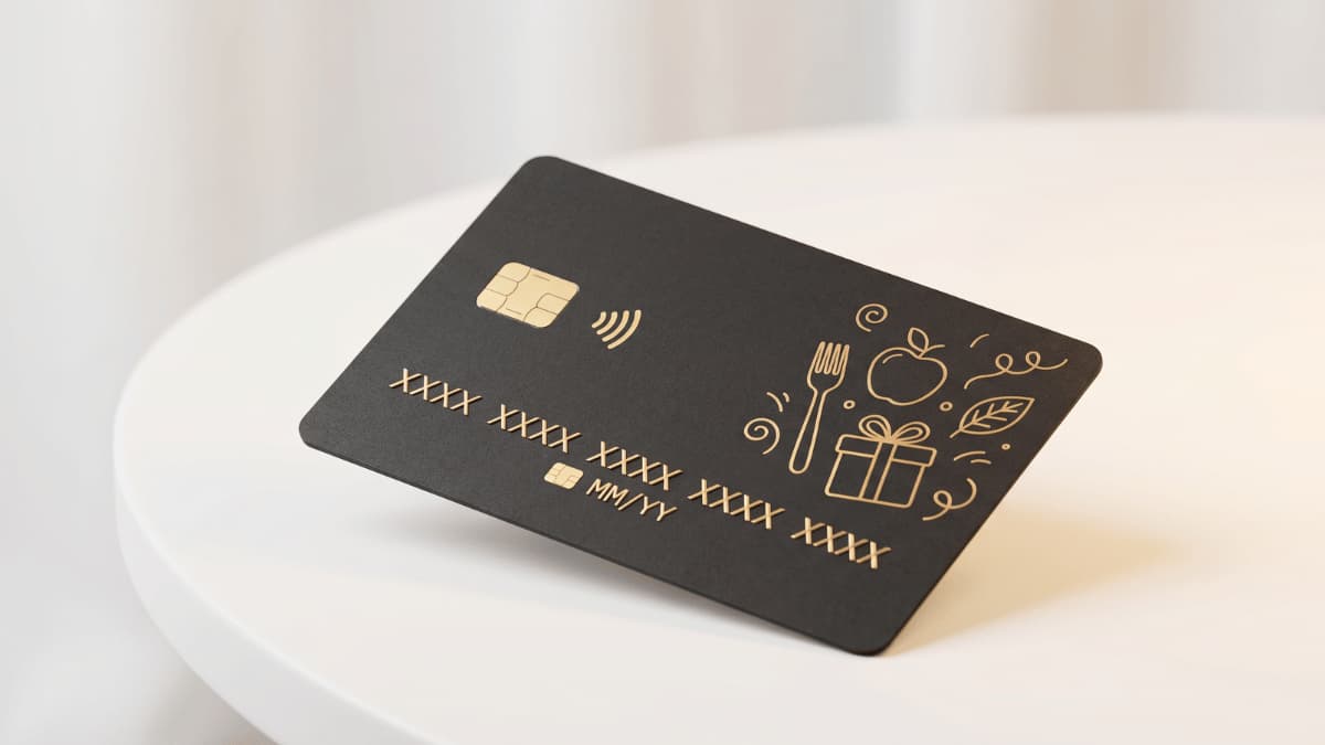 Een zwarte betaalkaart met goudkleurige EMV-chip en reliëfcijfers ligt op een licht oppervlak in een minimalistische productweergave.