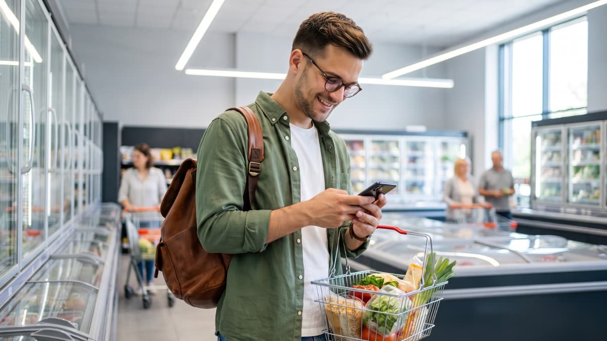 Een man bekijkt zijn smartphone in een supermarkt terwijl hij een boodschappenmandje vasthoudt.