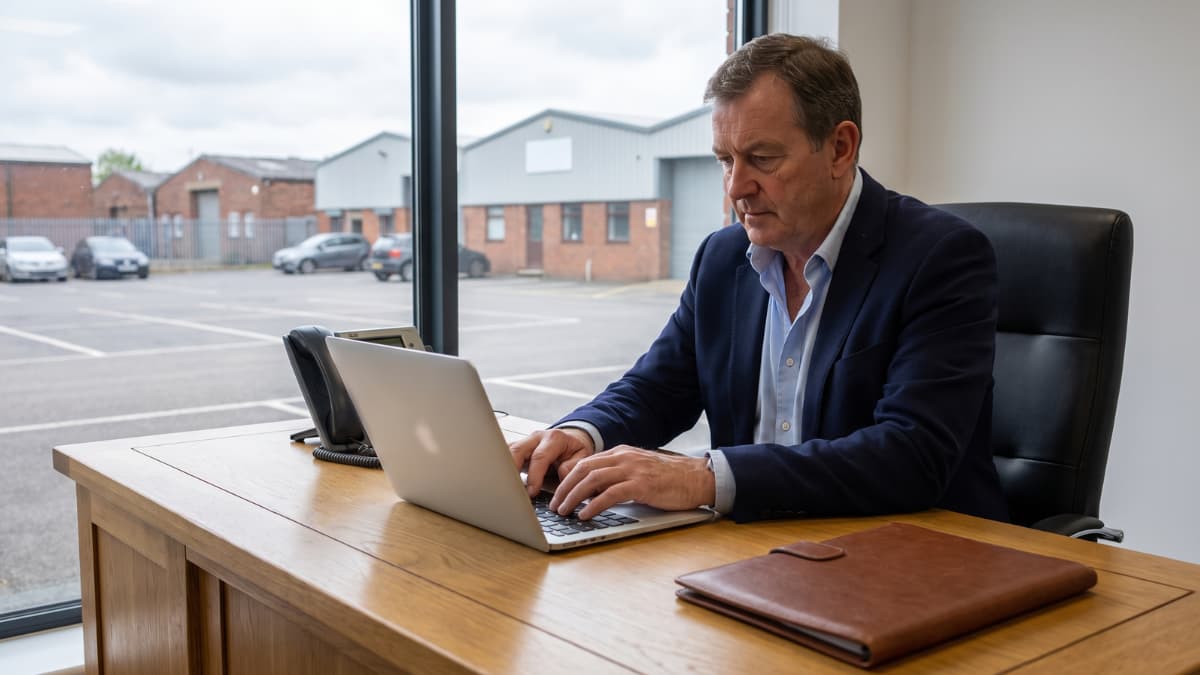 Een bedrijfsleider typt op een laptop aan een houten bureau.