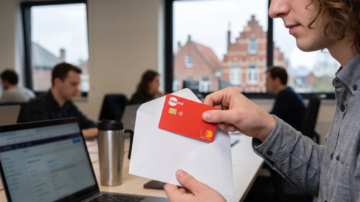 Een jonge man haalt een rode Edenred-kaart uit een witte envelop op kantoor.