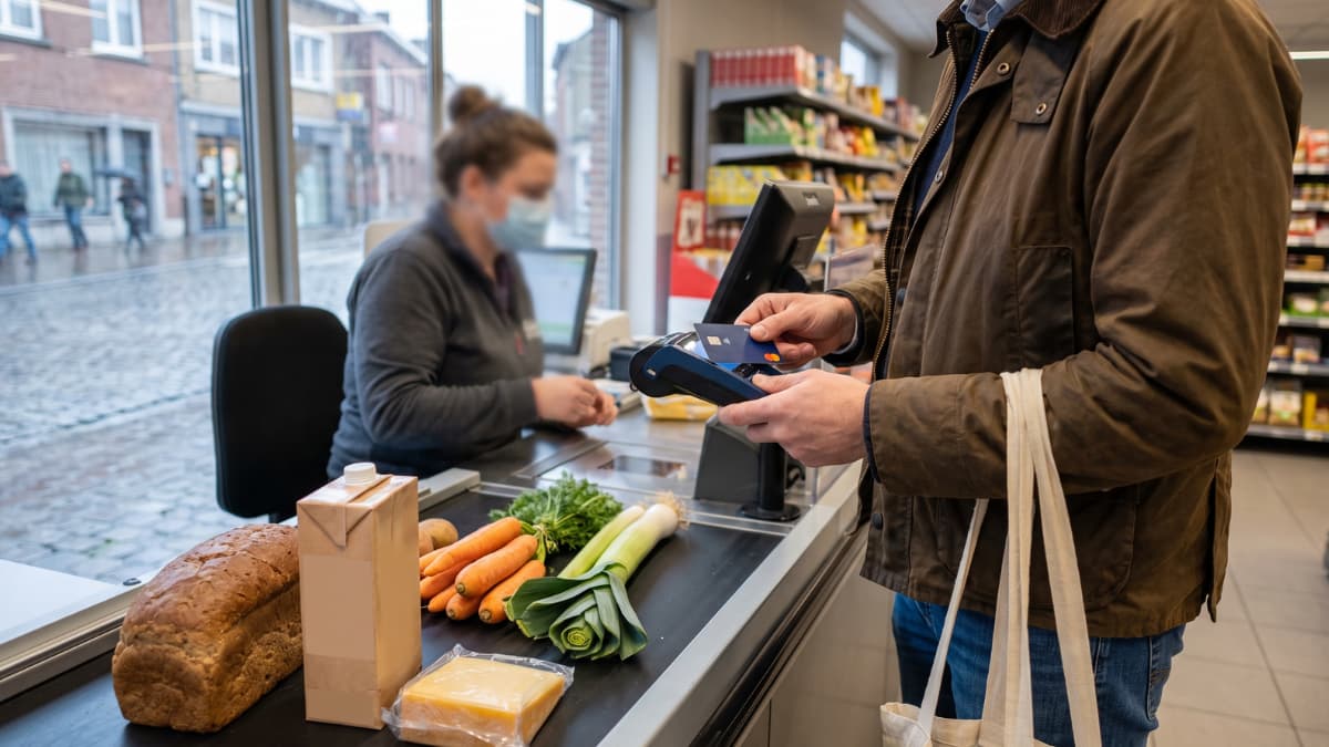 Een man betaalt aan de kassa met een kaart.